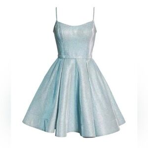 Mac Duggal shimmering ice fit and flare prom glitter light blue mini ieena